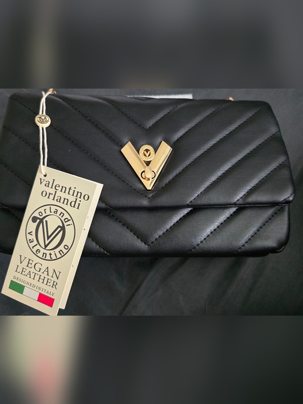 Valentino Orlandi Black Quilted Leather Shoulder Bag with Gold V-Turn Lock